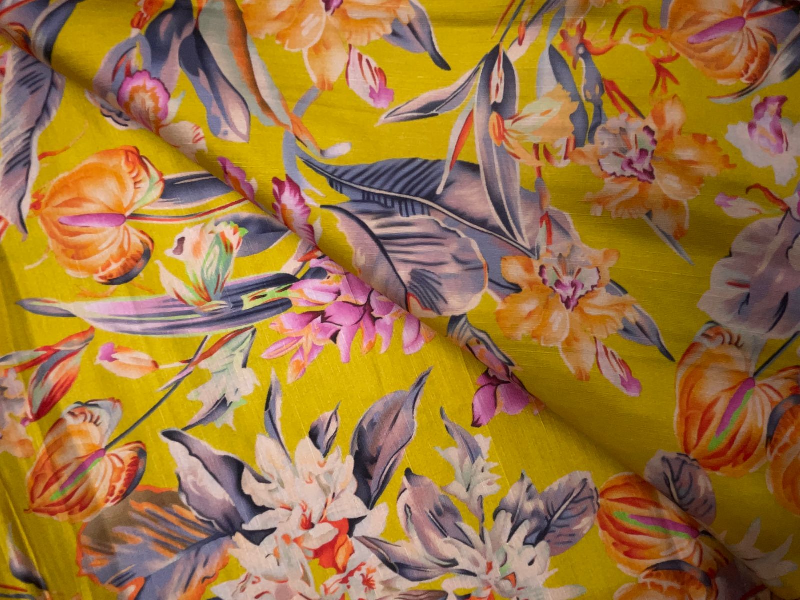 Mustard Multicolor Floral Linen Satin Fabric KTEX