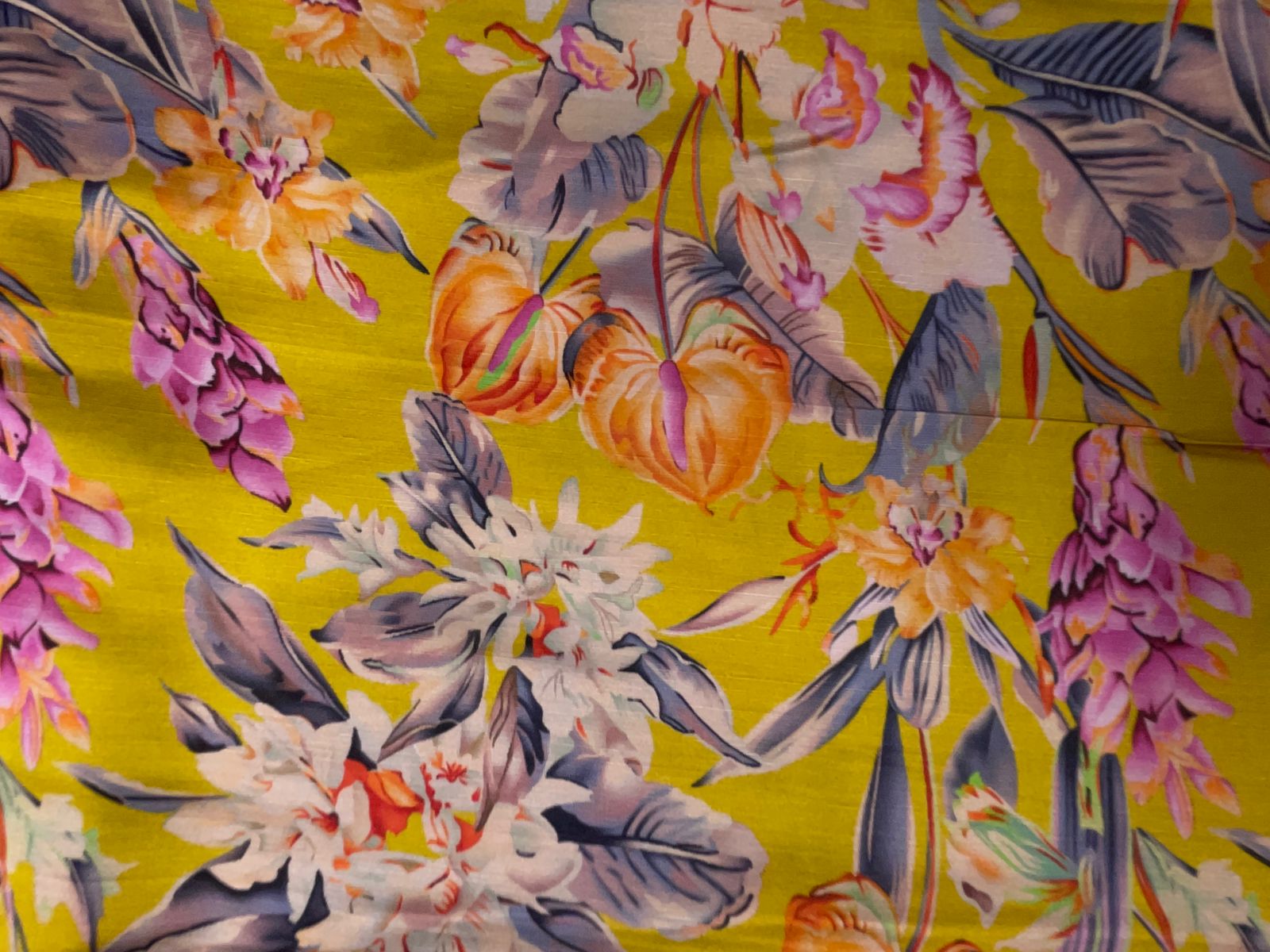 Mustard Multicolor Floral Linen Satin Fabric Kapdashop