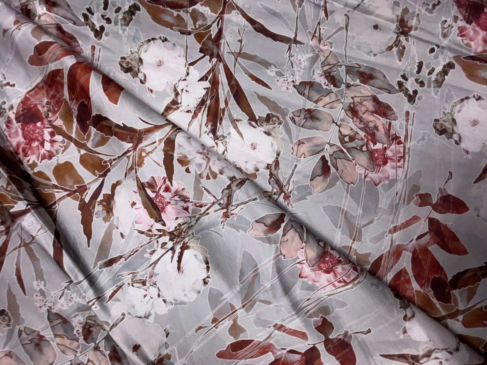 Grey Floral Linen Satin Fabric Kapdashop