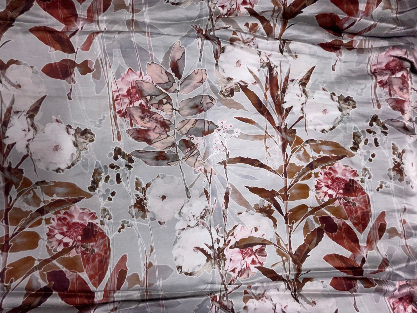 Grey Floral Linen Satin Fabric KTEX