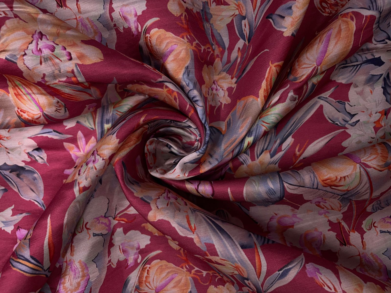 Reddish -Pink Floral Floral Linen Satin Fabric KTEX