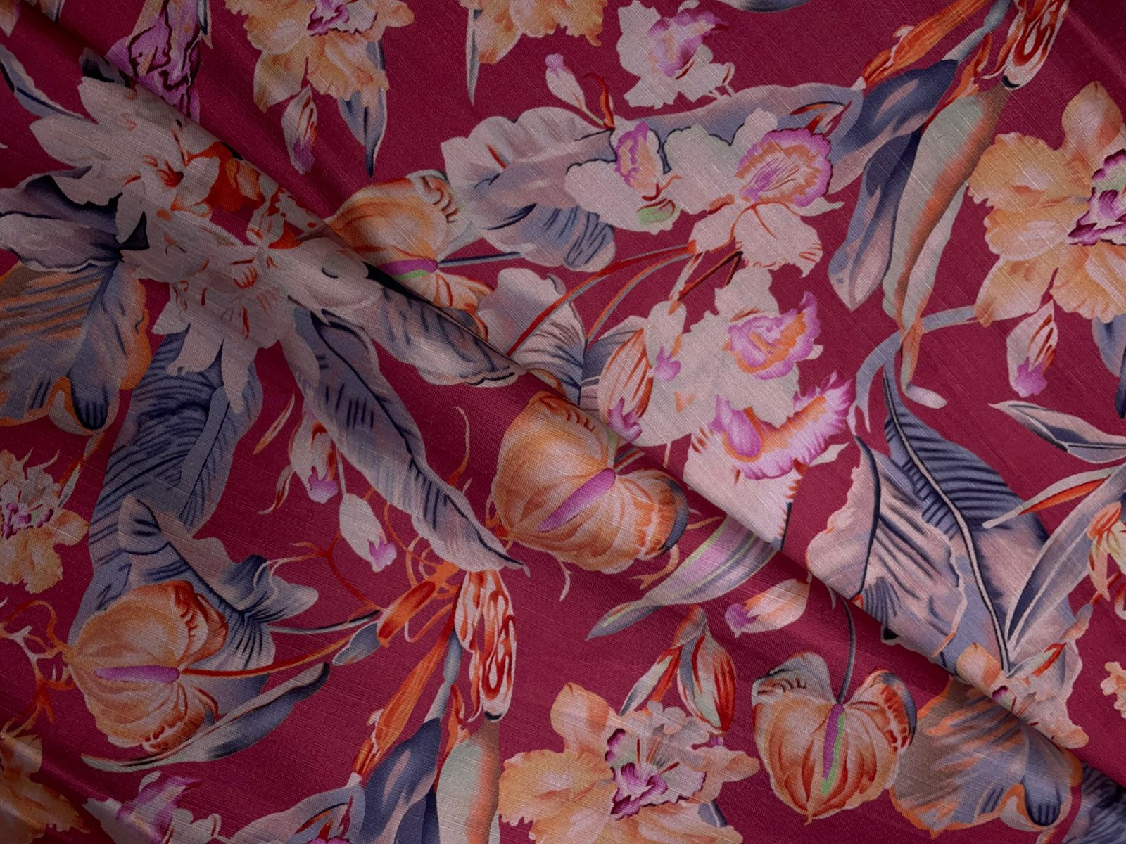 Reddish -Pink Floral Floral Linen Satin Fabric KTEX