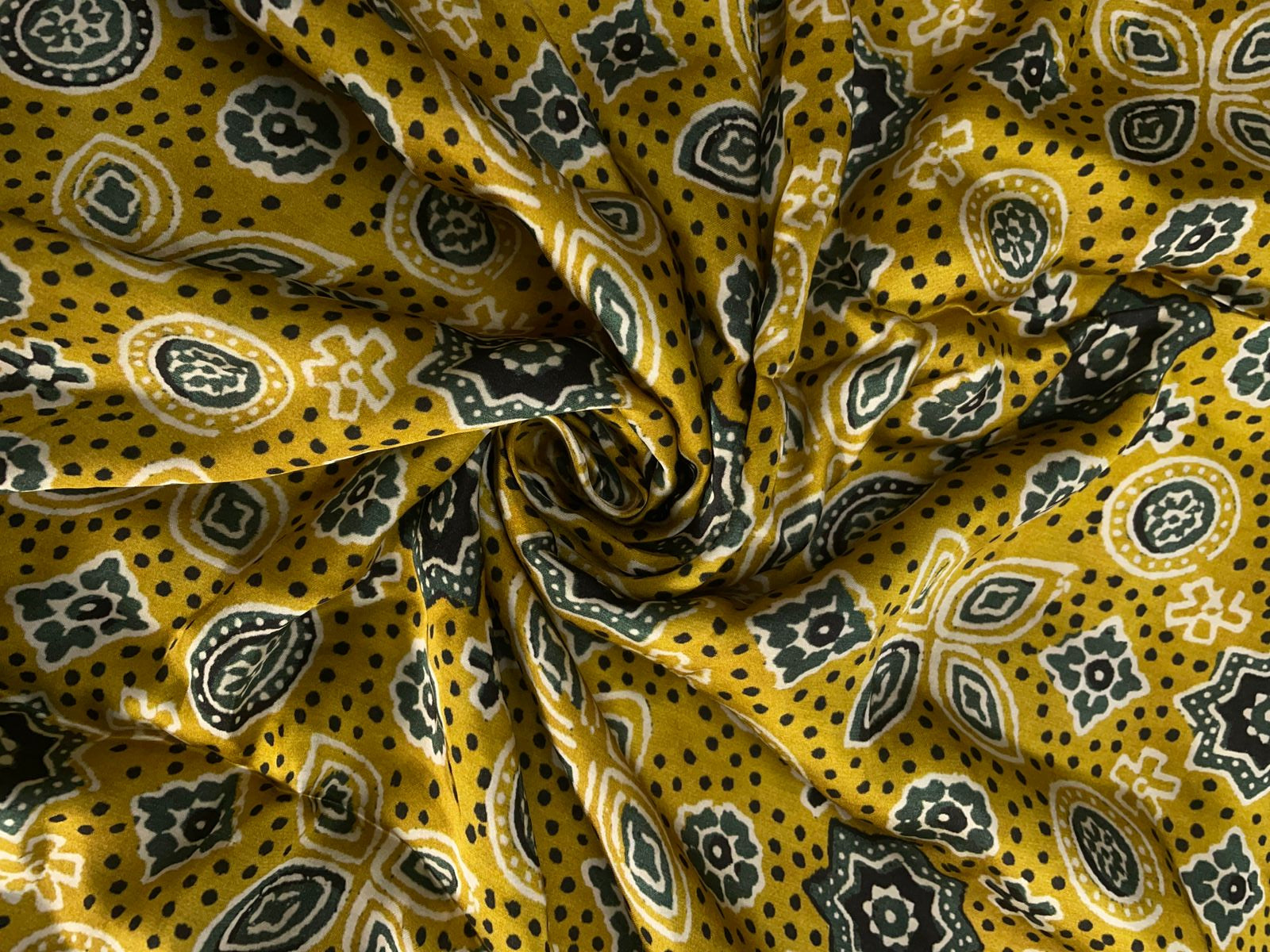 Mustard Geometric Modal Satin Fabric Kapdashop