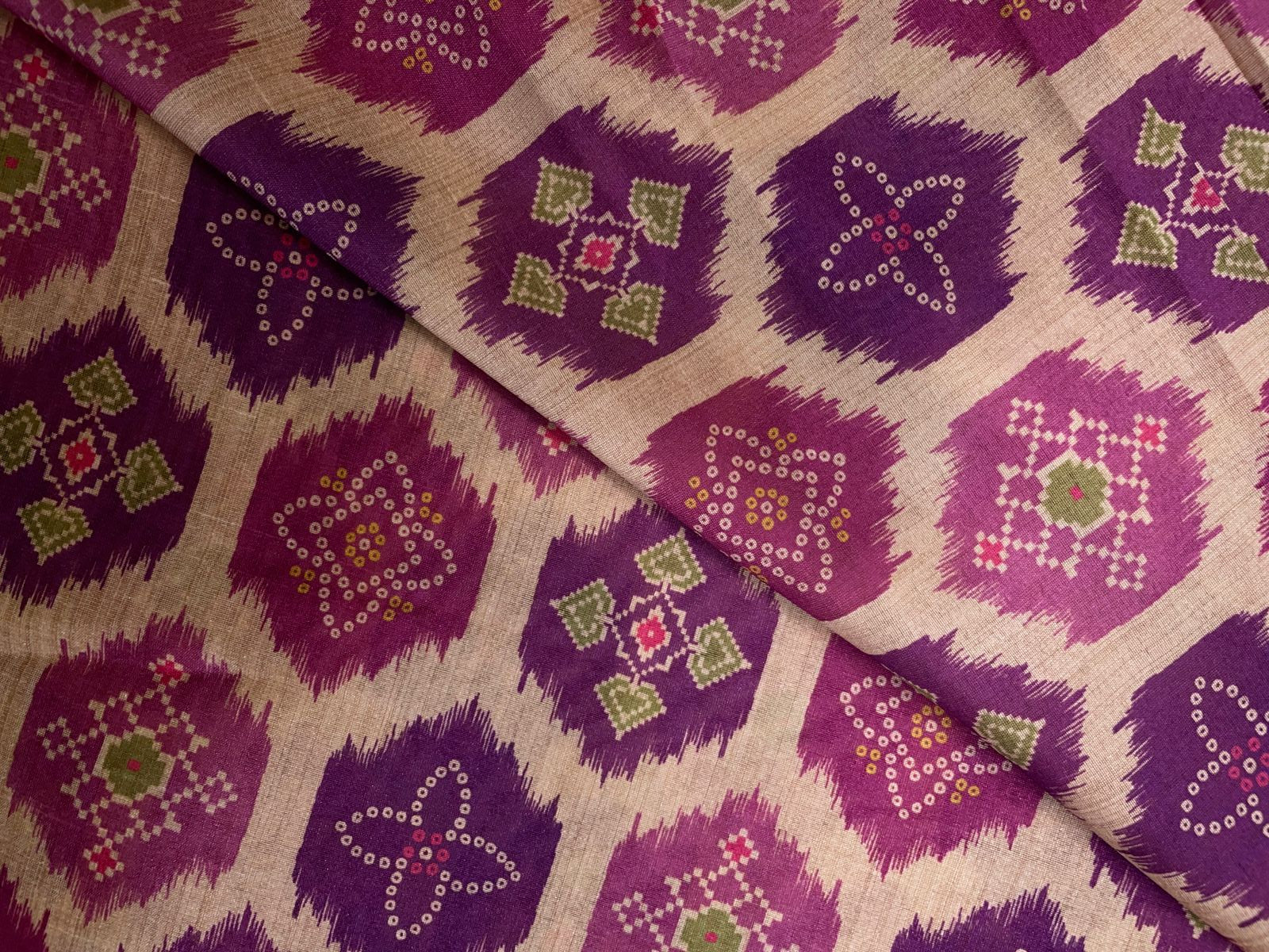 Cream & Purple Geometric Semi Tussar Fabric KTEX