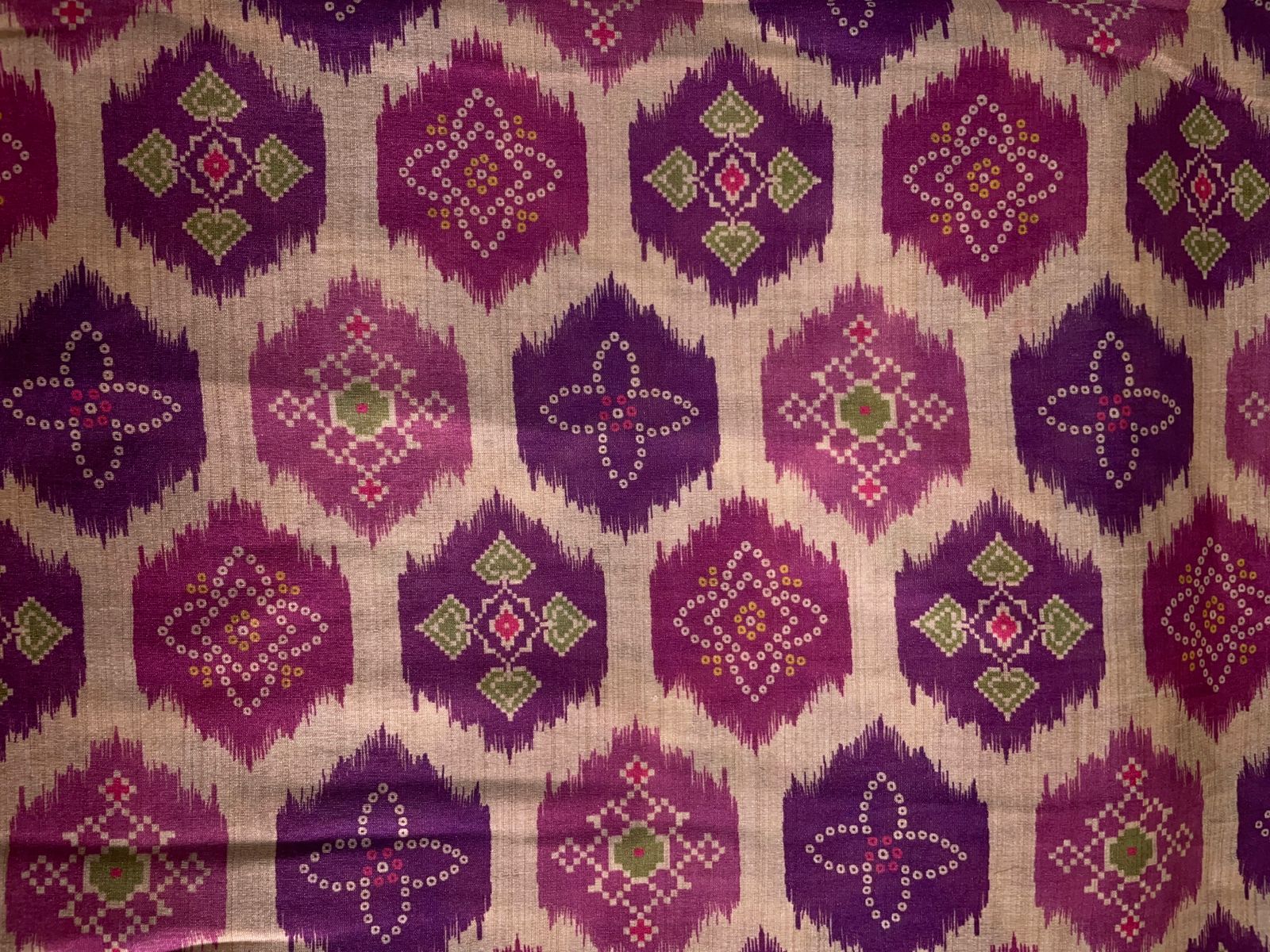 Cream & Purple Geometric Semi Tussar Fabric KTEX