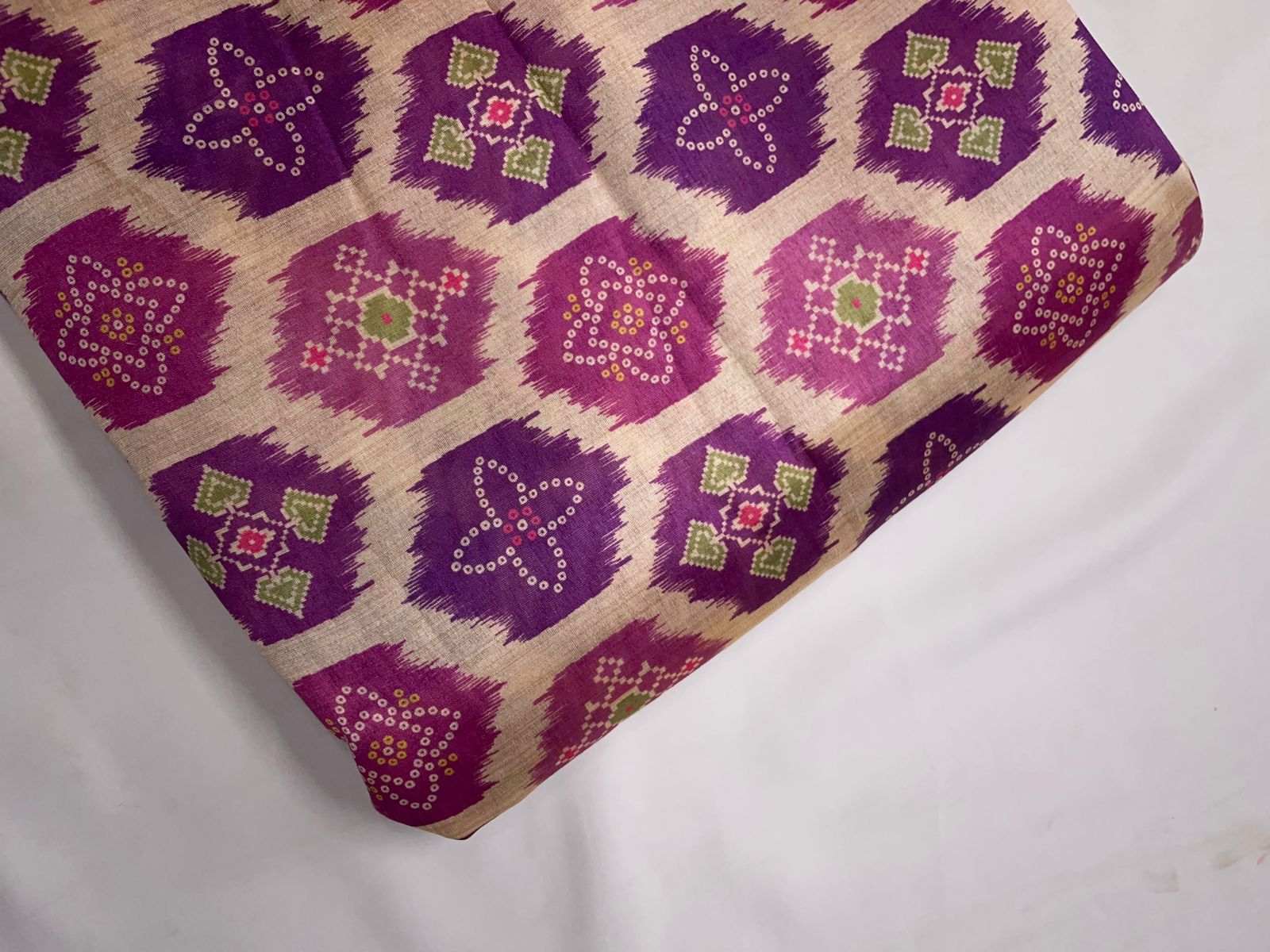 Cream & Purple Geometric Semi Tussar Fabric KTEX