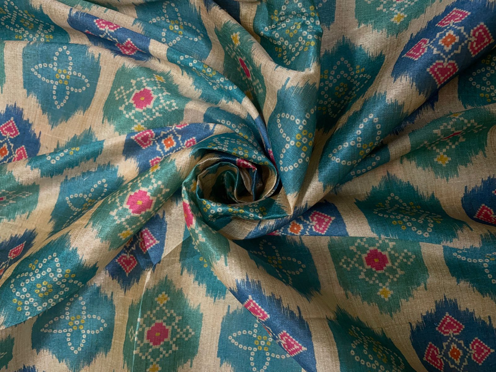 Cream & Sea Green Geometric Semi Tussar Fabric Kapdashop