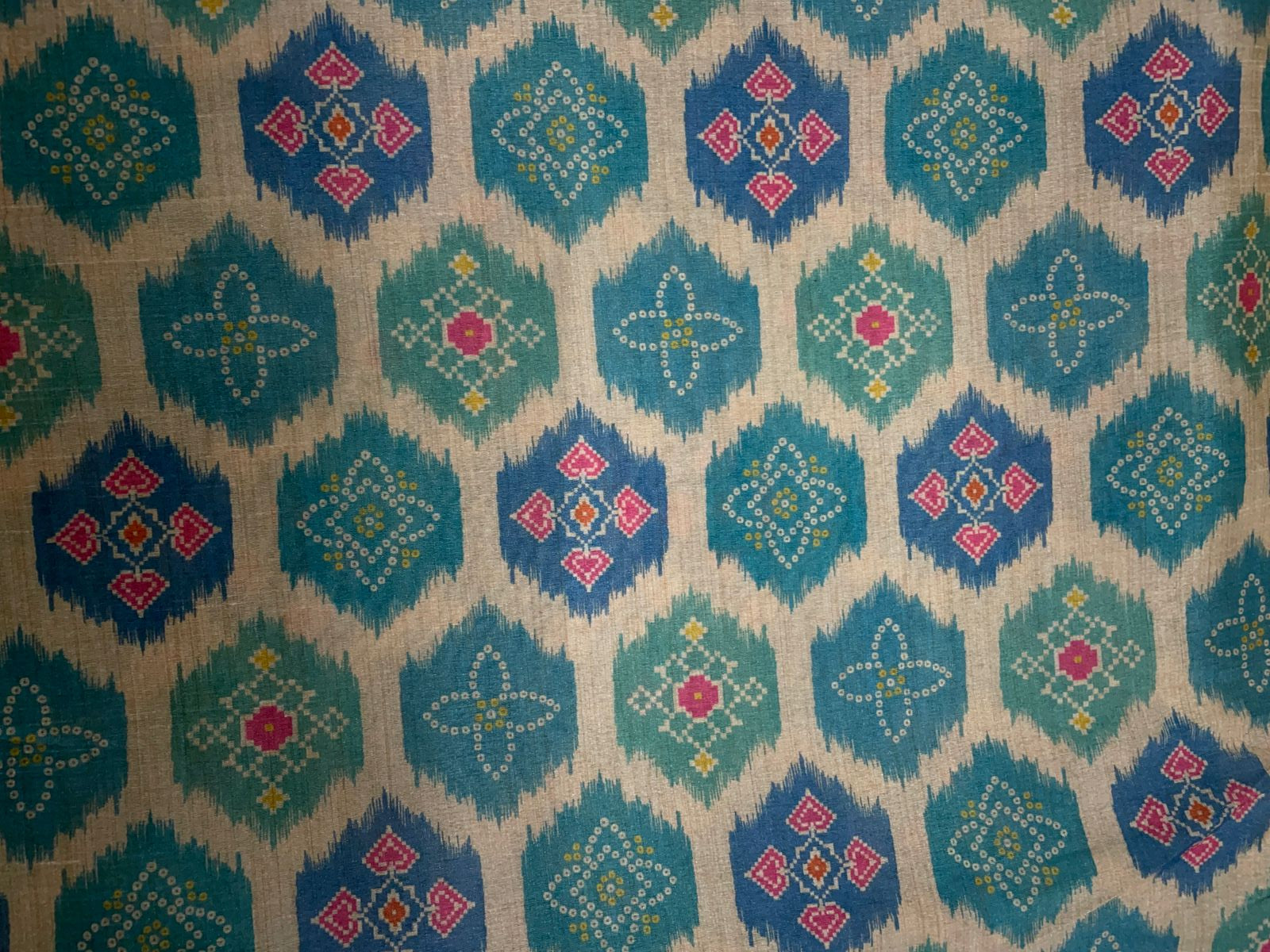 Cream & Sea Green Geometric Semi Tussar Fabric Kapdashop