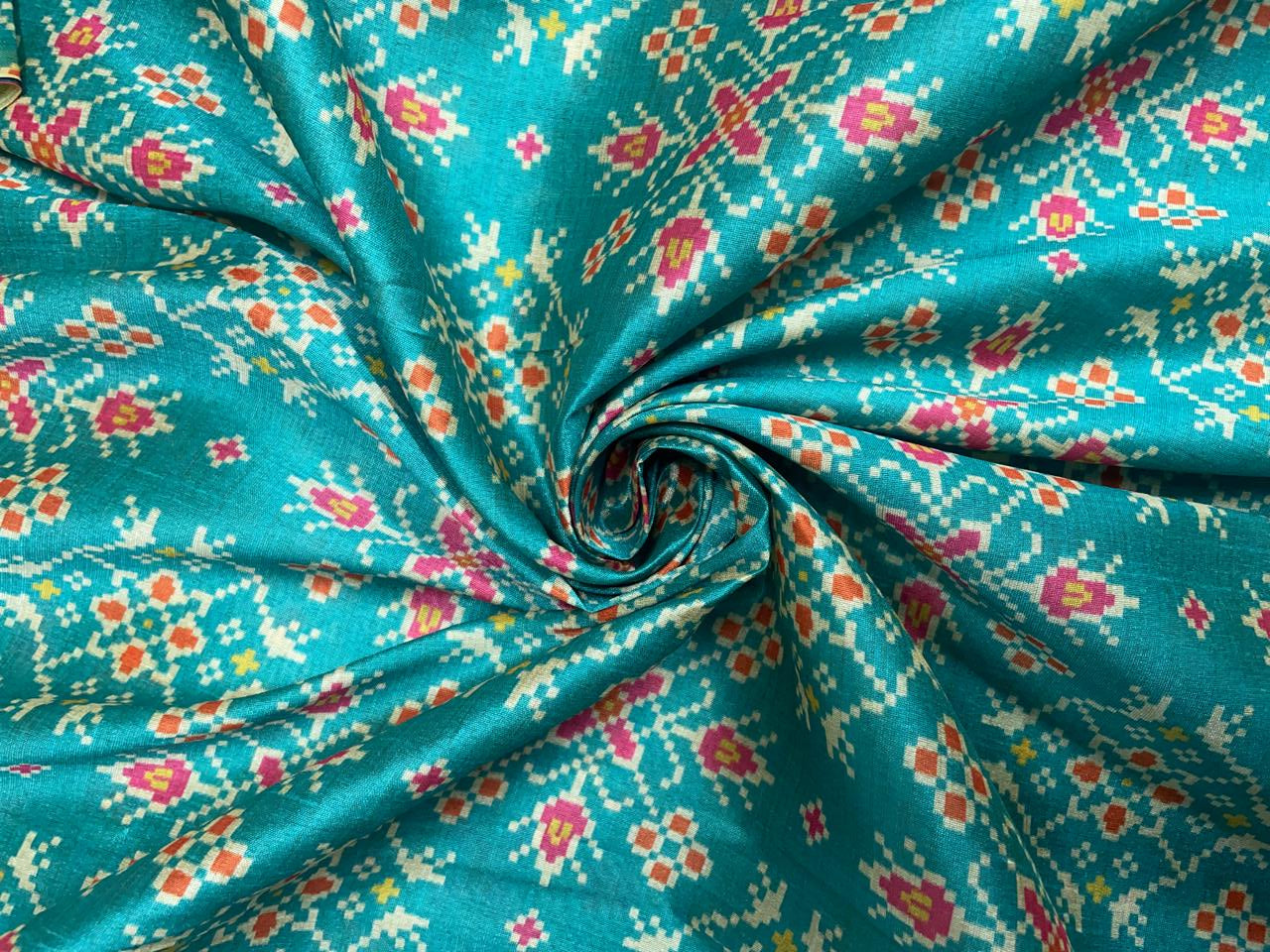 Sea Green Geometric Semi Tussar Fabric Kapdashop