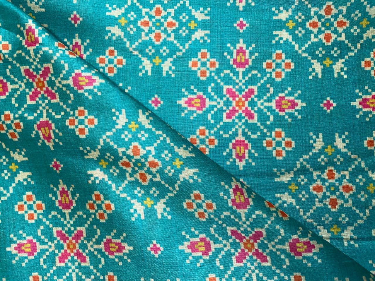 Sea Green Geometric Semi Tussar Silk Fabric KTEX