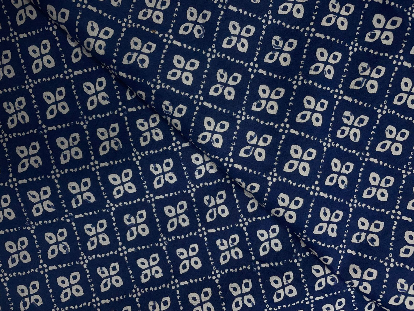Blue & White Geometric Cotton Cambric Fabric Kapdashop