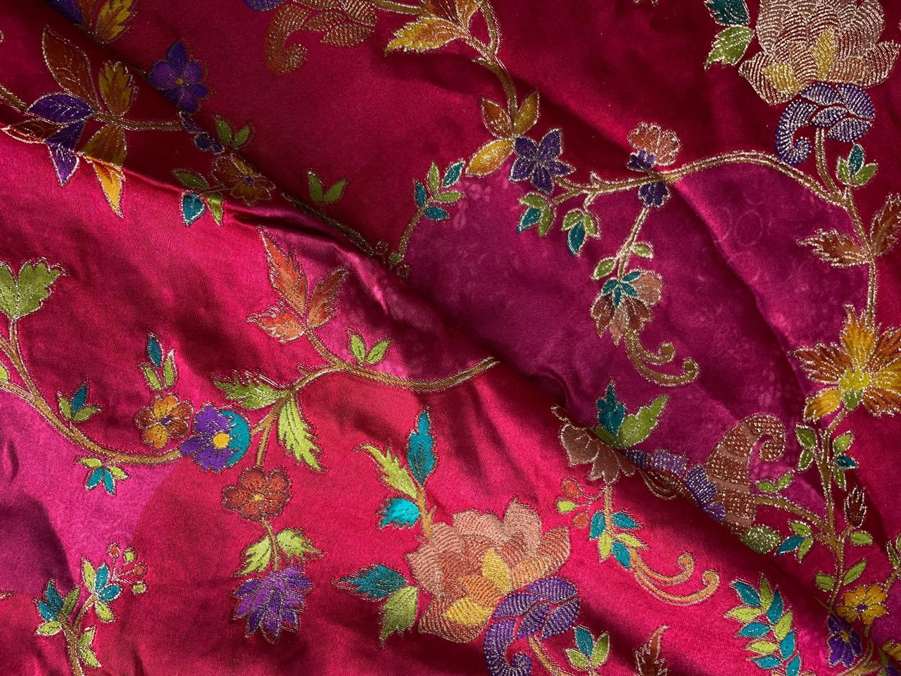 Magenta Floral Embroidered Satin Fabric KTEX