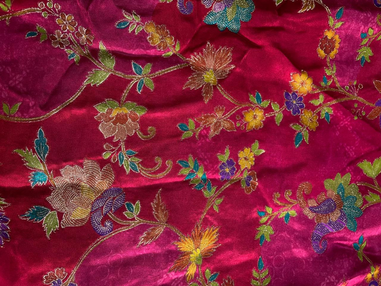 Magenta Floral Embroidered Satin Fabric KTEX