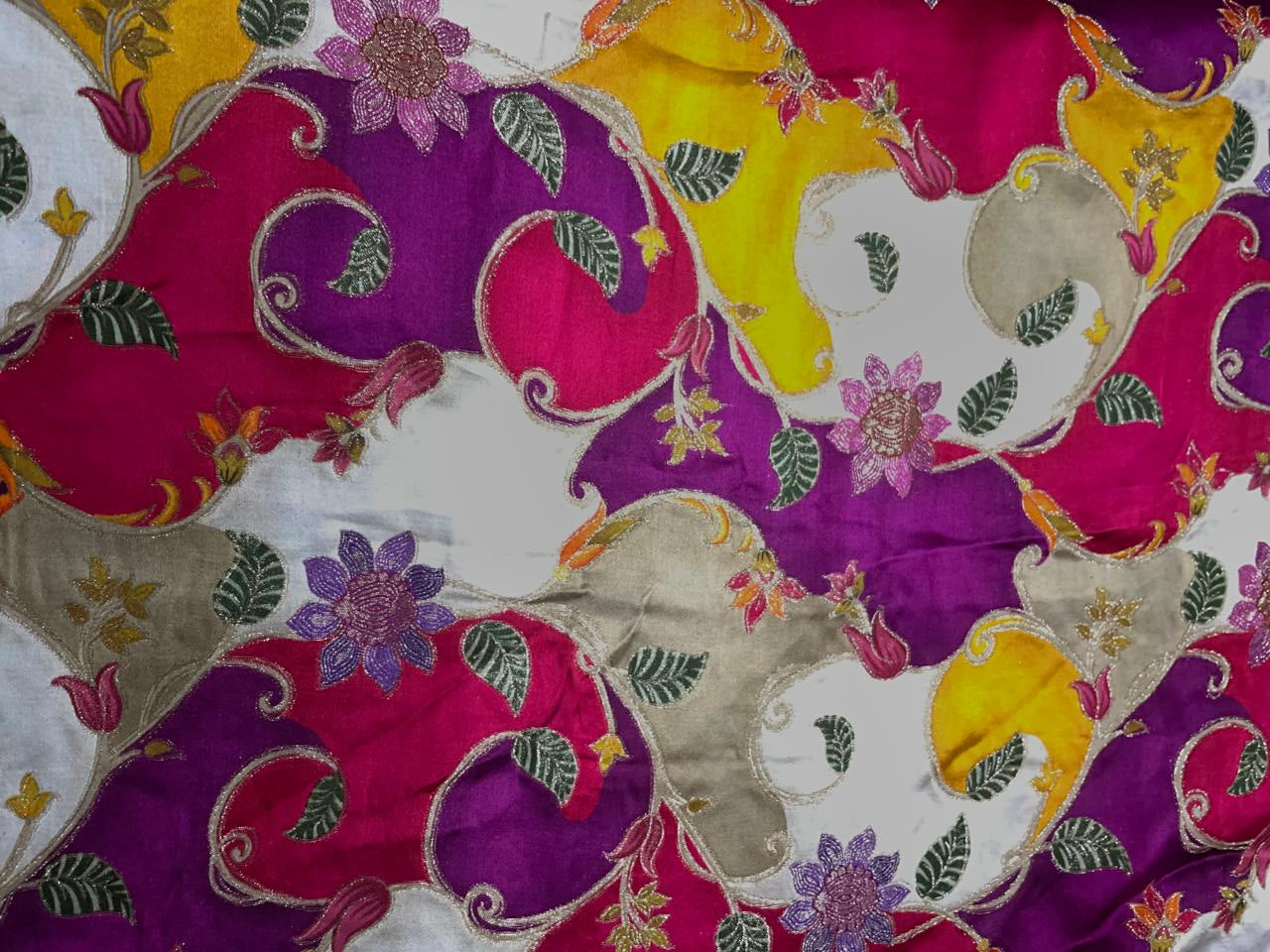 Multicolor Floral Embroidered Satin Fabric Kapdashop