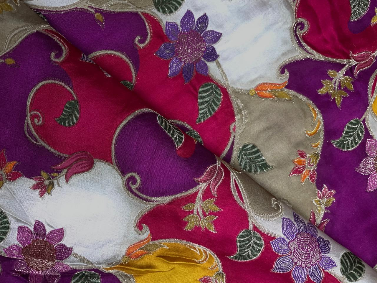 Multicolor Floral Embroidered Satin Fabric KTEX