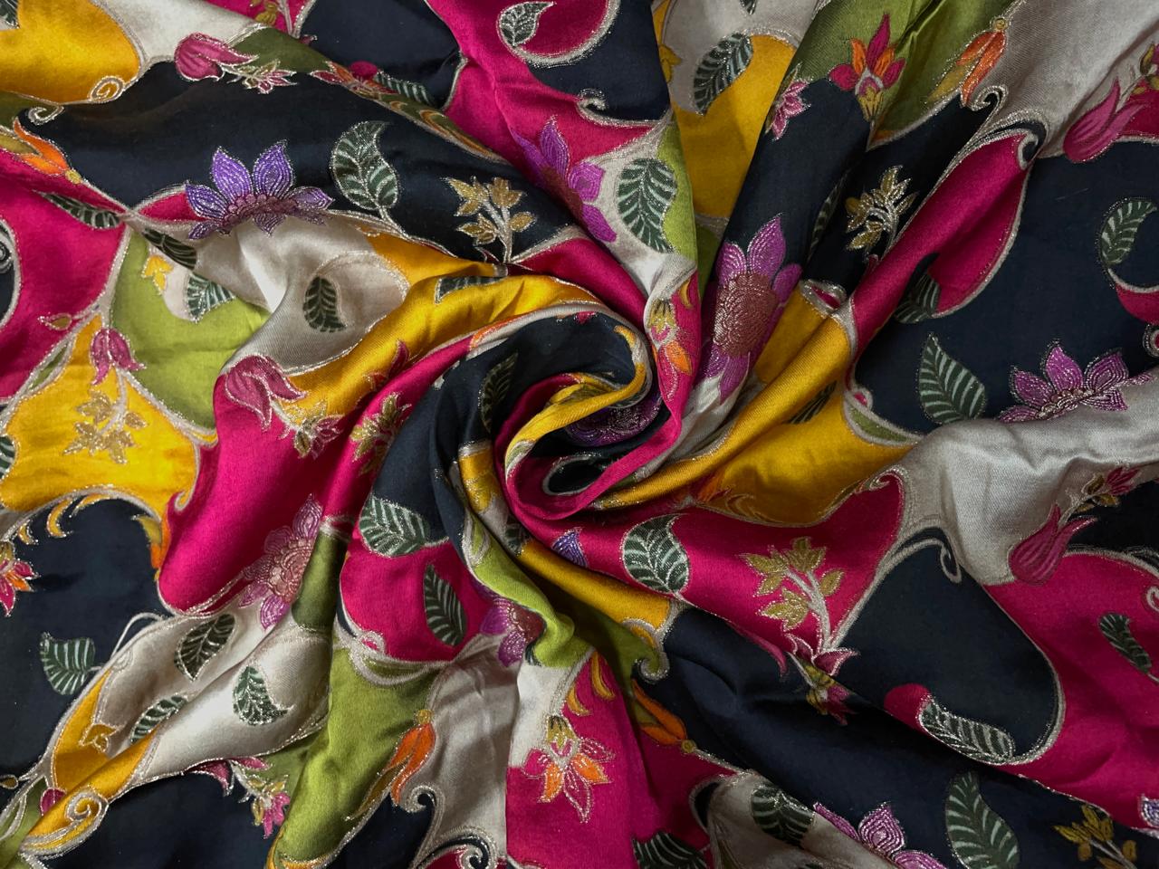 Multicolor Floral Embroidered Satin Fabric Kapdashop
