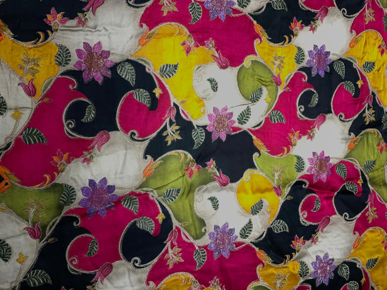 Multicolor Floral Embroidered Satin Fabric KTEX
