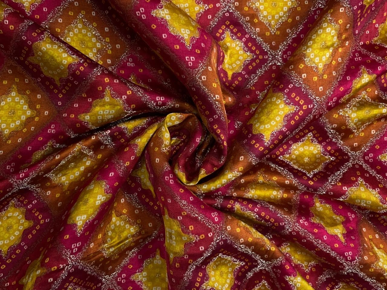 Orange Geometric Embroidered Satin Fabric KTEX