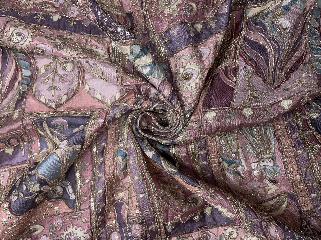 Lilac Geometric Embroidered Silk Fabric KTEX