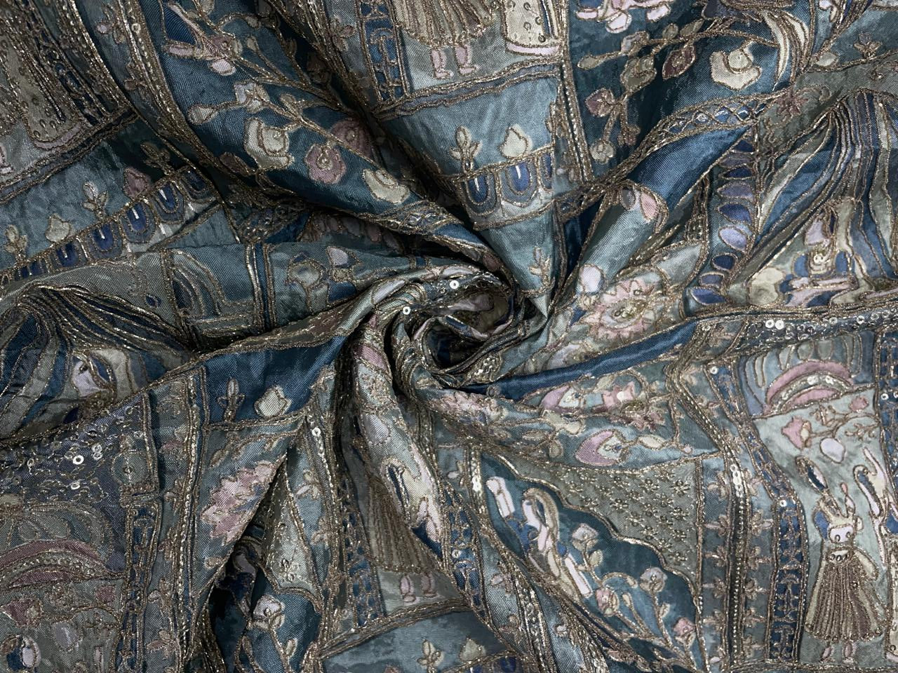 Sea Green Geometric Embroidered Silk Fabric Kapdashop