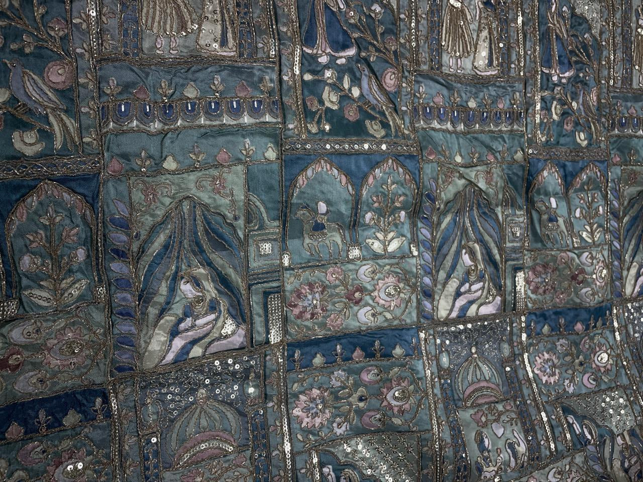 Sea Green Geometric Embroidered Silk Fabric Kapdashop