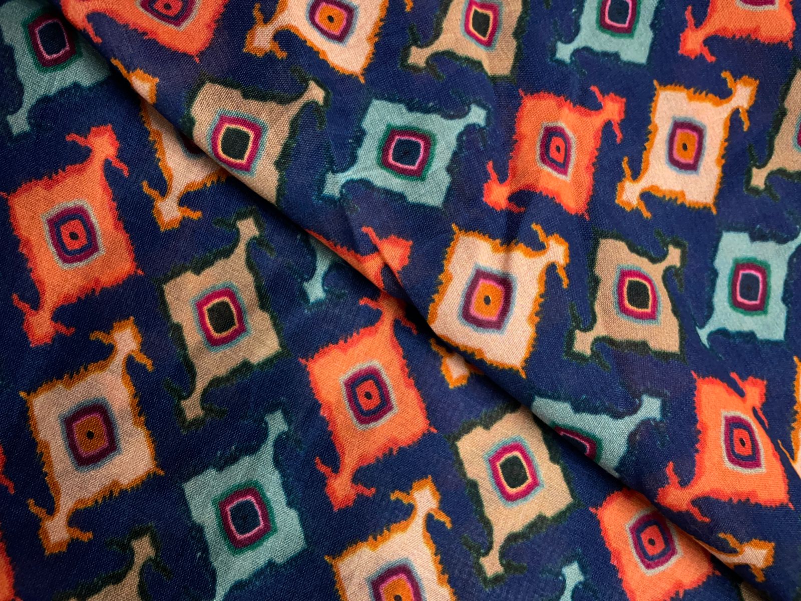 Navy Blue Geometric Pure Chanderi Fabric KTEX