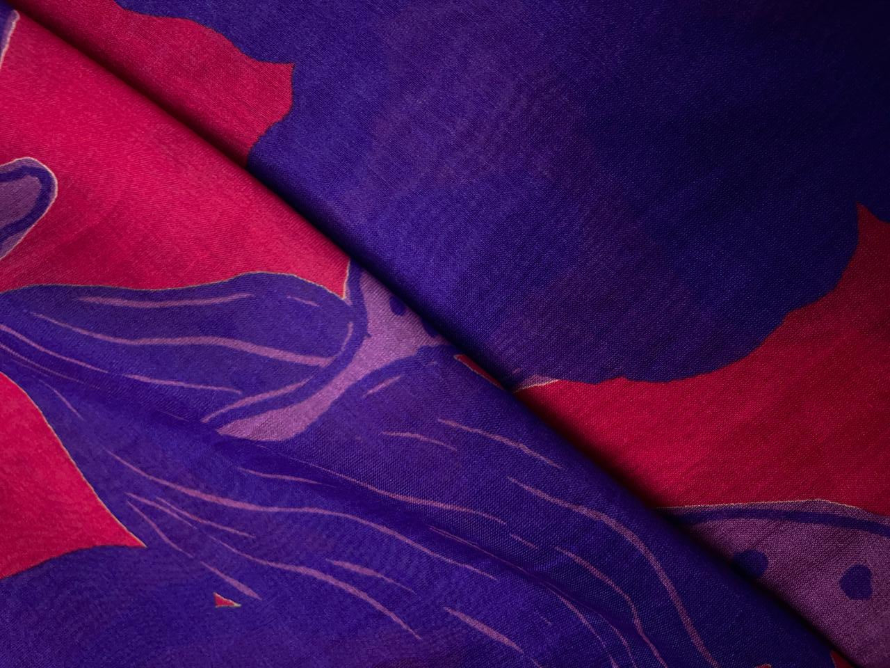 Magenta & Royal Purpler Abstract Pure Chanderi Fabric KTEX