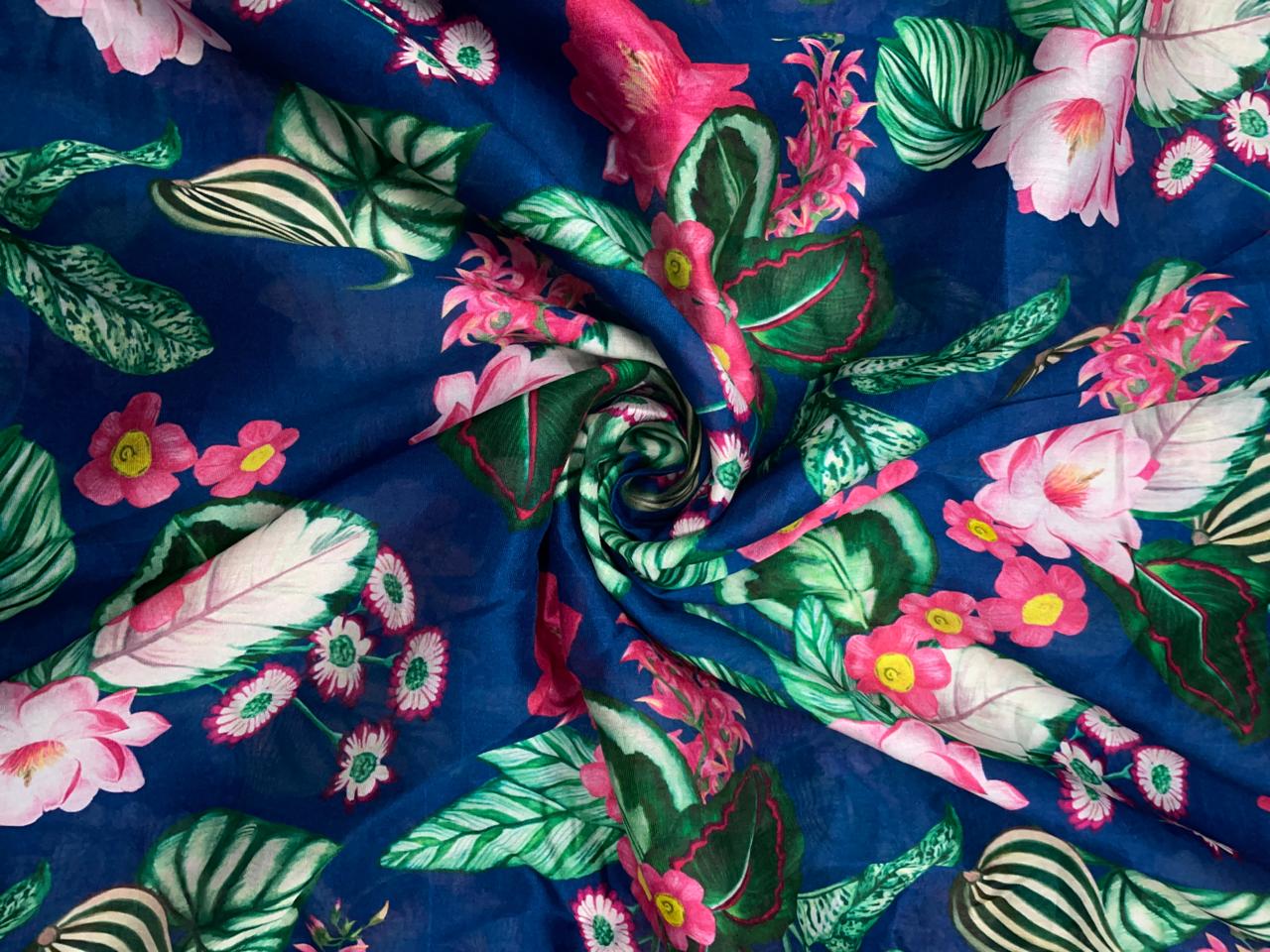 Navy Blue Green Floral Pure Chanderi Print Kapdashop