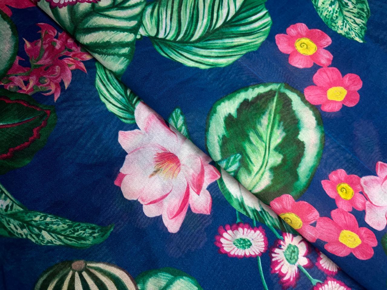 Navy Blue Green Floral Pure Chanderi Print Kapdashop