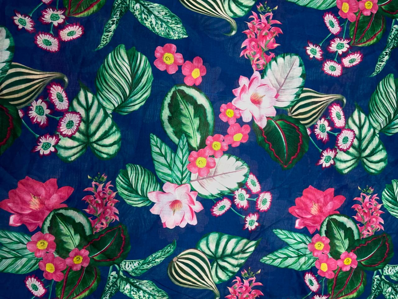 Navy Blue Green Floral Pure Chanderi Print Kapdashop