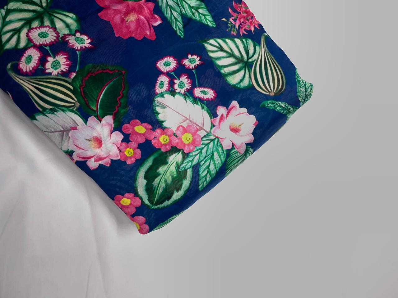 Navy Blue & Green Floral Pure Chanderi Fabric KTEX