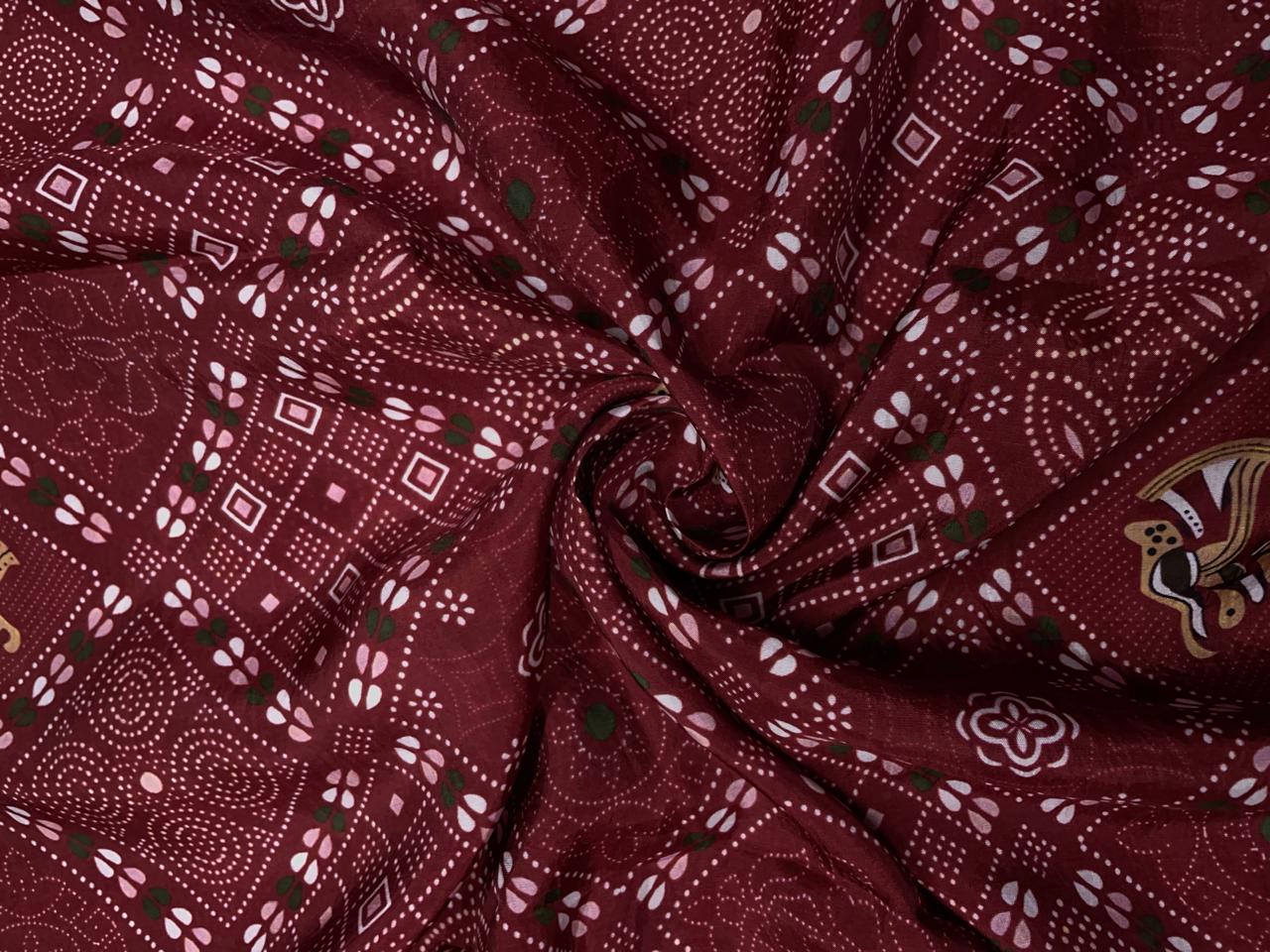 Dark Maroon Geometric Habutai Silk Fabric KTEX