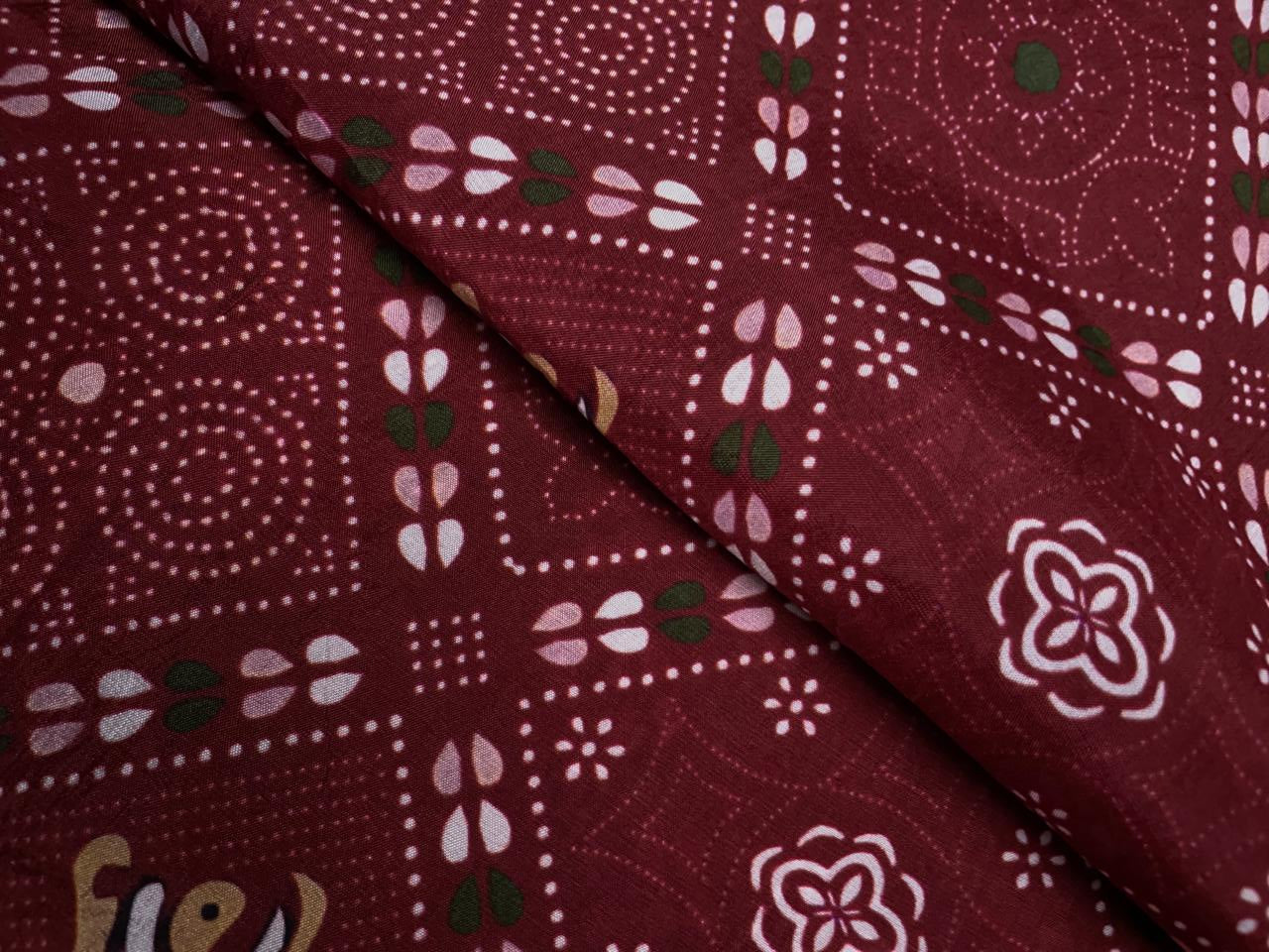 Dark Maroon Geometric Habutai Silk Fabric KTEX
