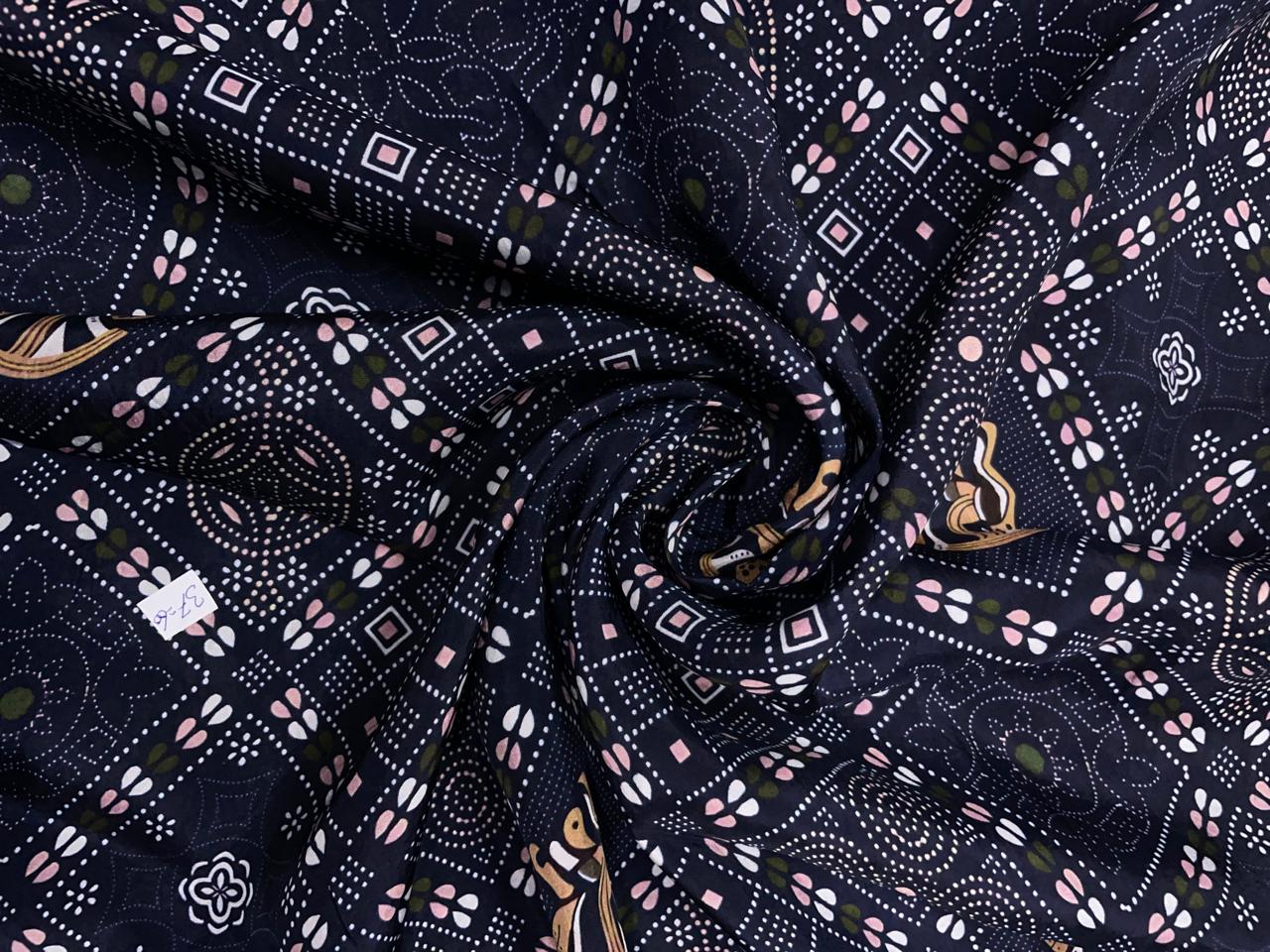 Navy Blue Geometric Habutai Silk Fabric KTEX