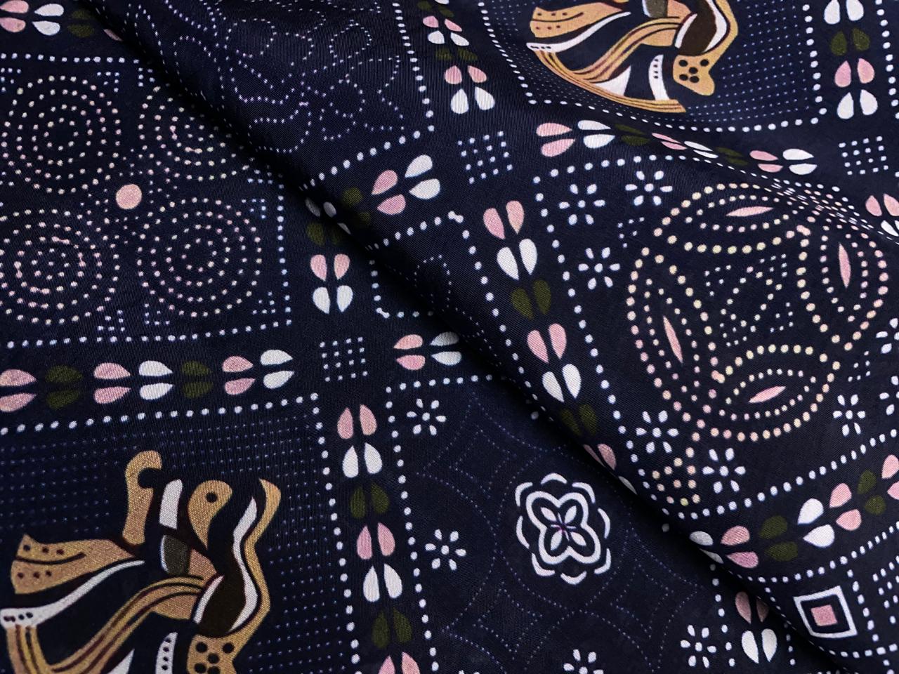 Navy Blue Geometric Habutai Silk Fabric KTEX