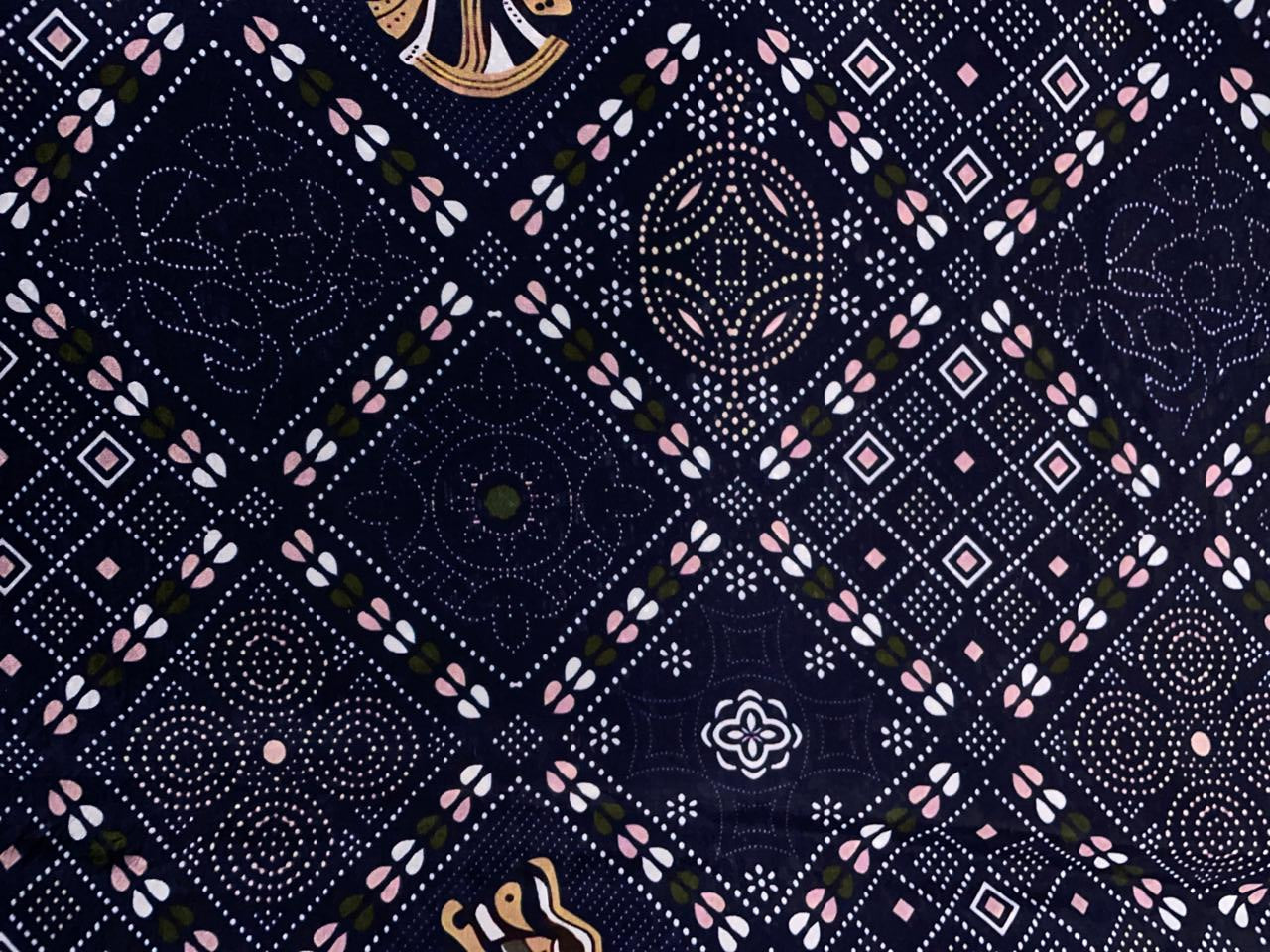 Navy Blue Geometric Habutai Silk Fabric KTEX