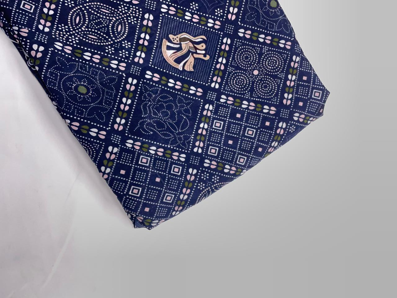 Navy Blue Geometric Habutai Silk Fabric KTEX