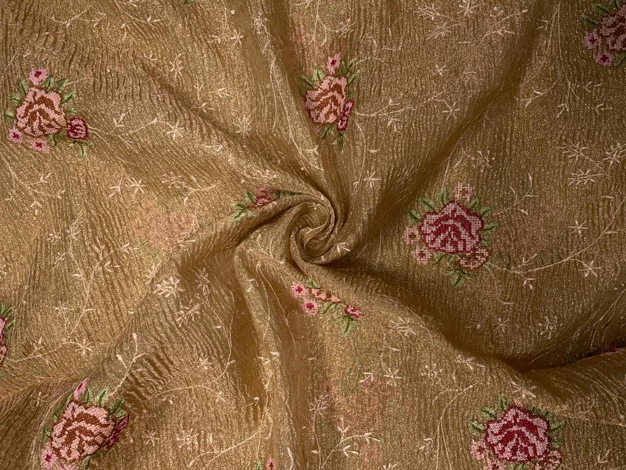 Golden Floral Crush Tissue Embroidery Fabric KTEX