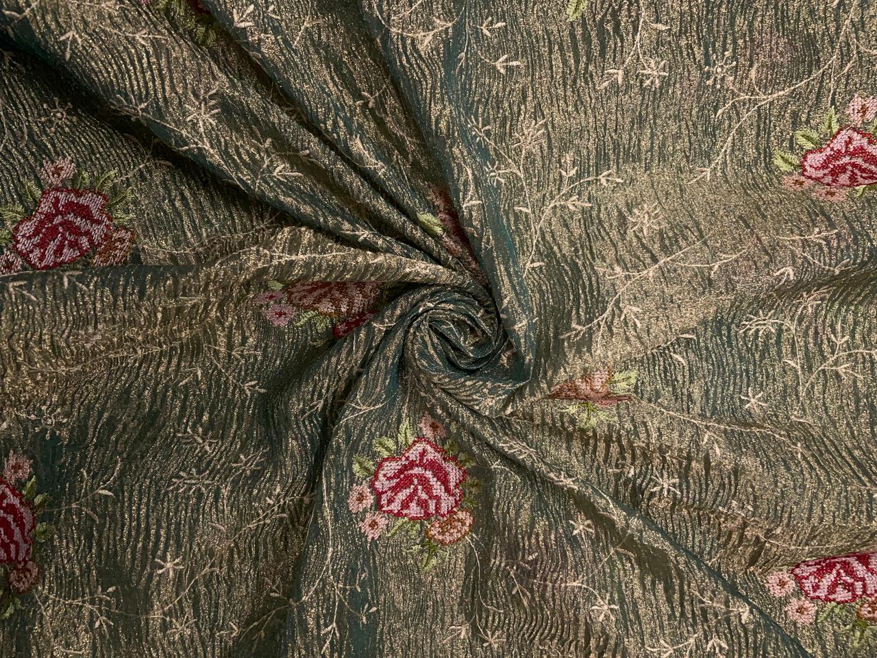 Rama Green Floral Crush Tissue Embroidery Fabric KTEX