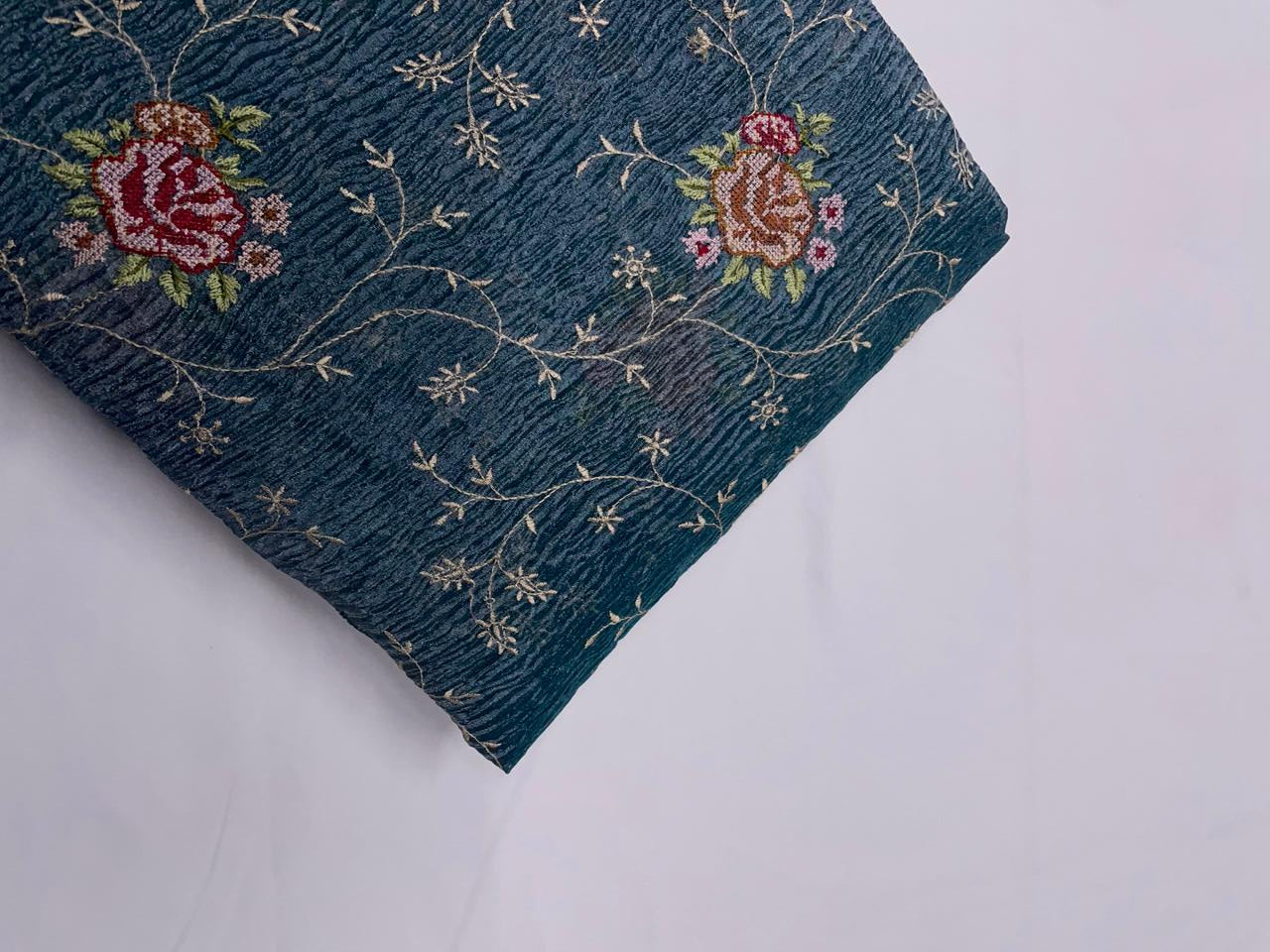 Blue Floral Crush Tissue Embroidery 44 Kapdashop