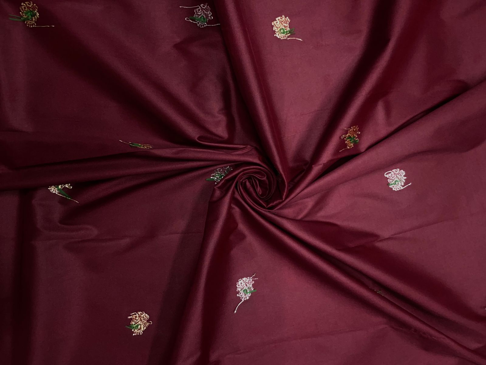 Wine Floral Buti Embroidery Taffeta Silk Fabric KTEX
