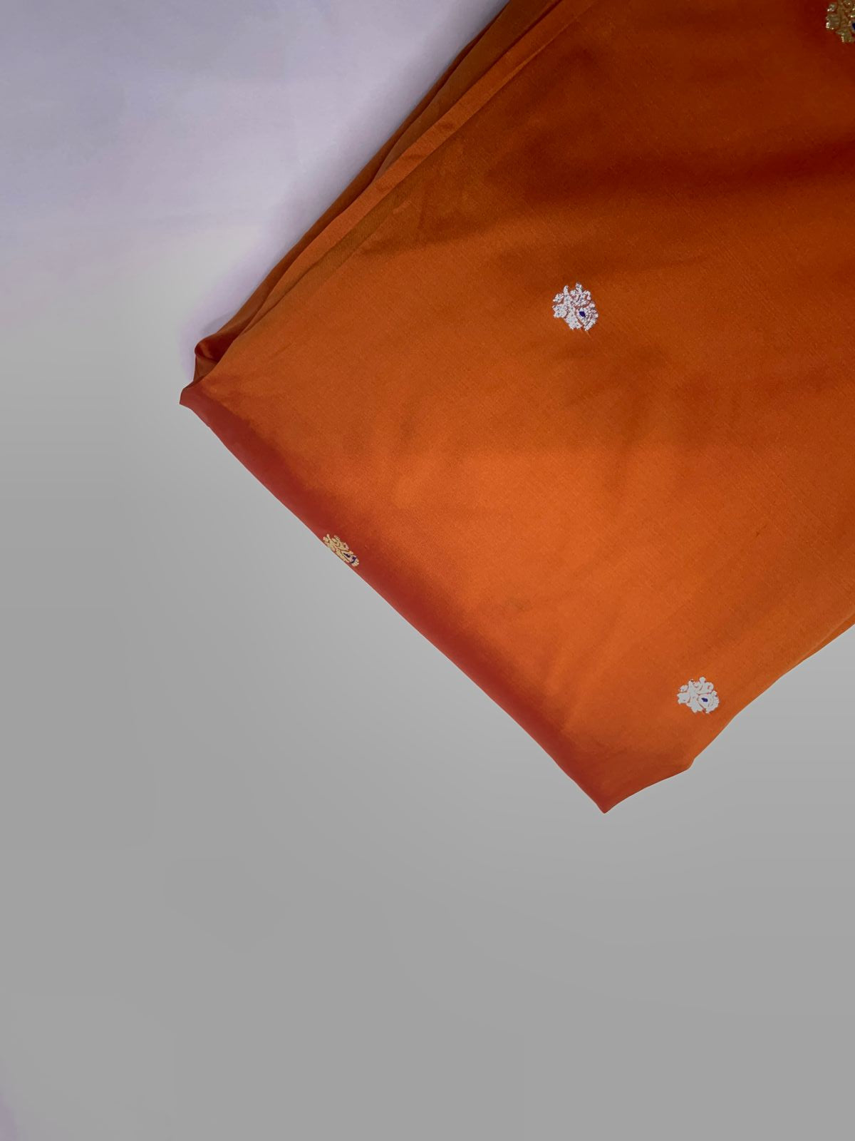 Orange Floral Buti Embroidery Taffeta Silk Fabric KTEX