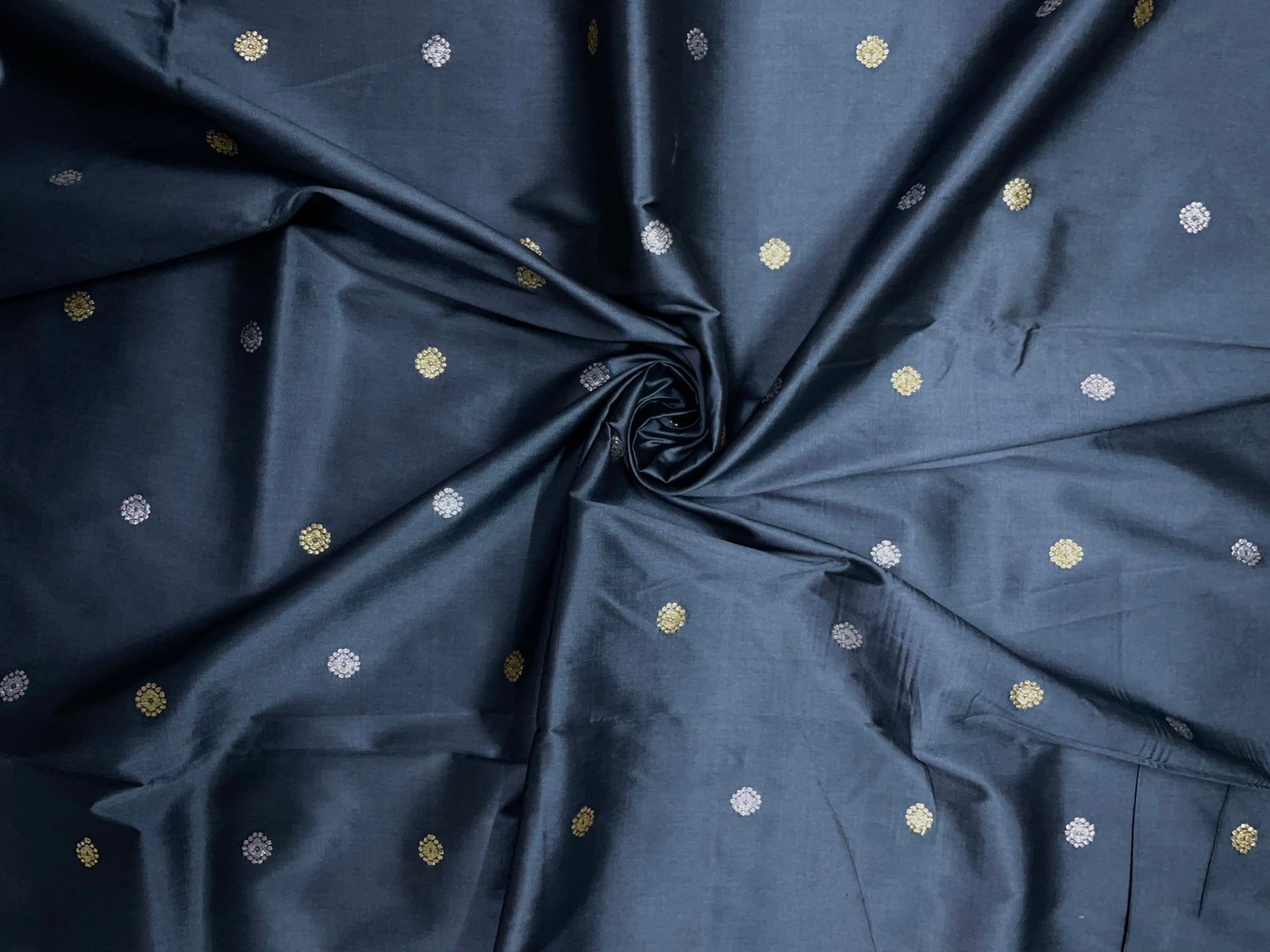 Grey Floral Buti Embroidery Taffeta Silk Fabric KTEX