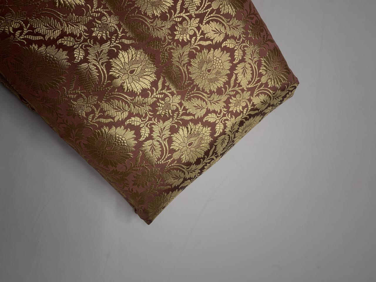 Brown Gold Floral Banarasi Semi Brocade Fabric KTEX