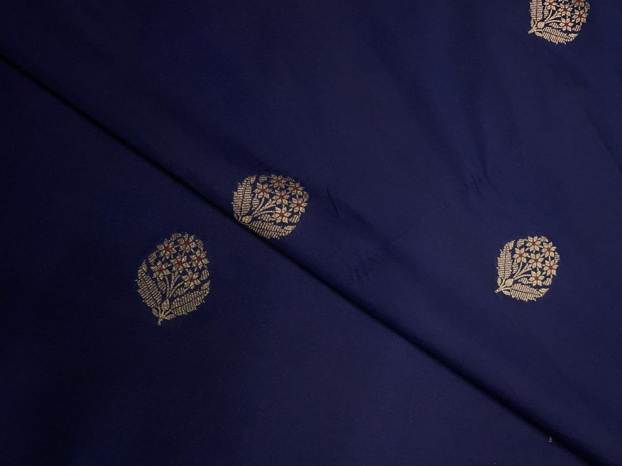 Navy Blue Floral Boti Embroidered Silk Fabric KTEX