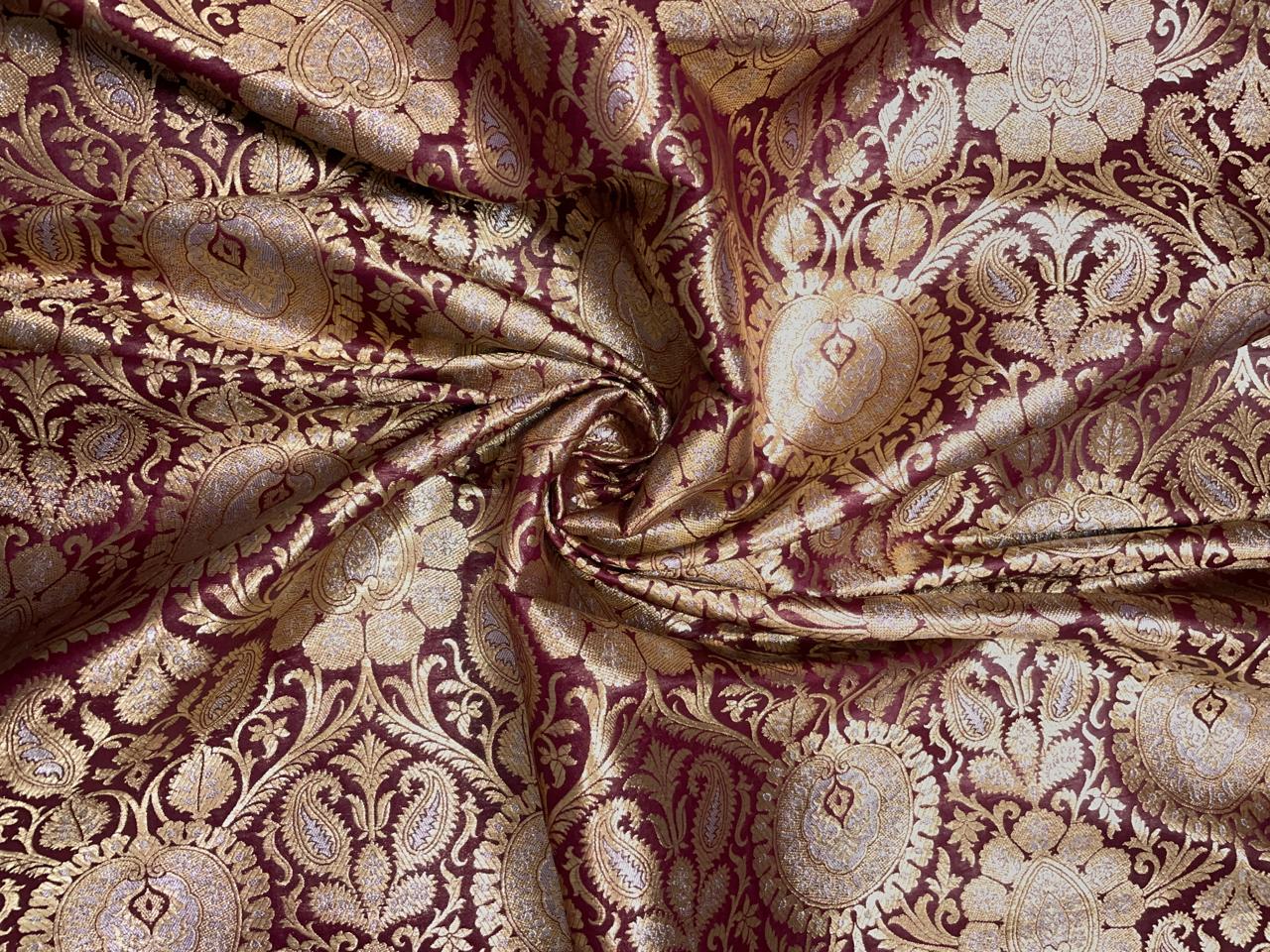 Wine & Gold Floral Banarasi Semi Brocade Fabric KTEX