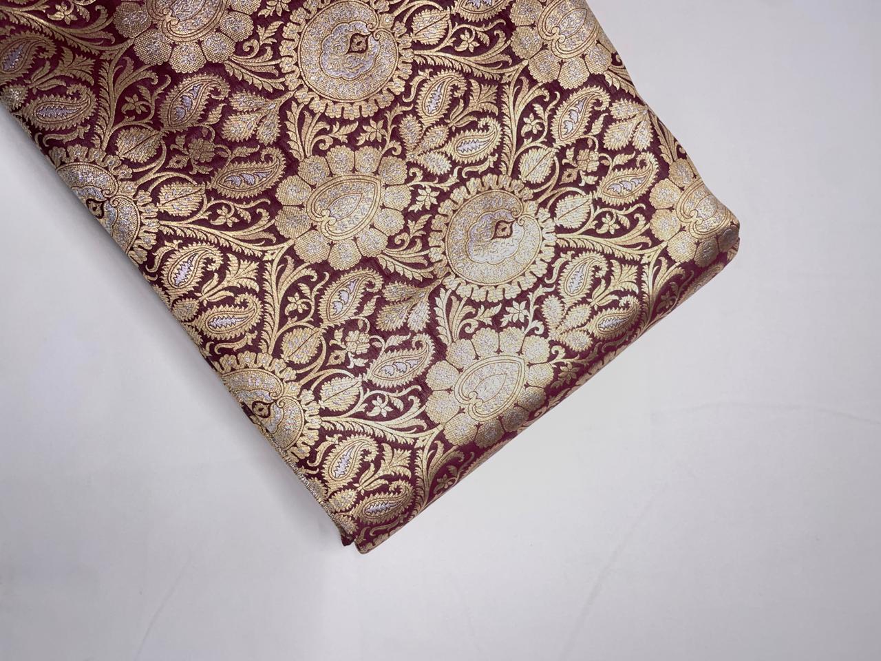 Wine & Gold Floral Banarasi Semi Brocade Fabric KTEX