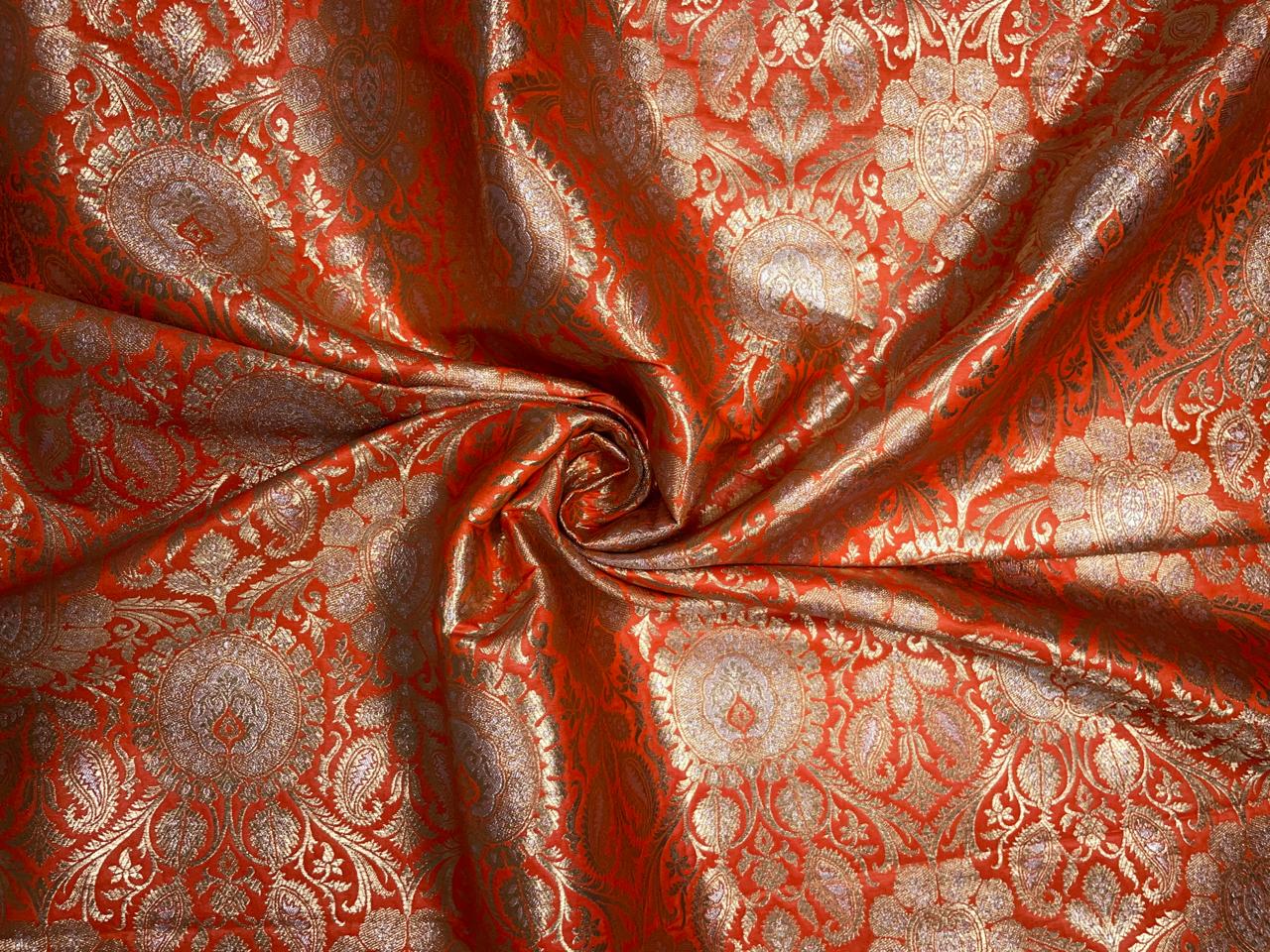 Orange & Gold Floral Banarasi Semi Brocade Fabric KTEX
