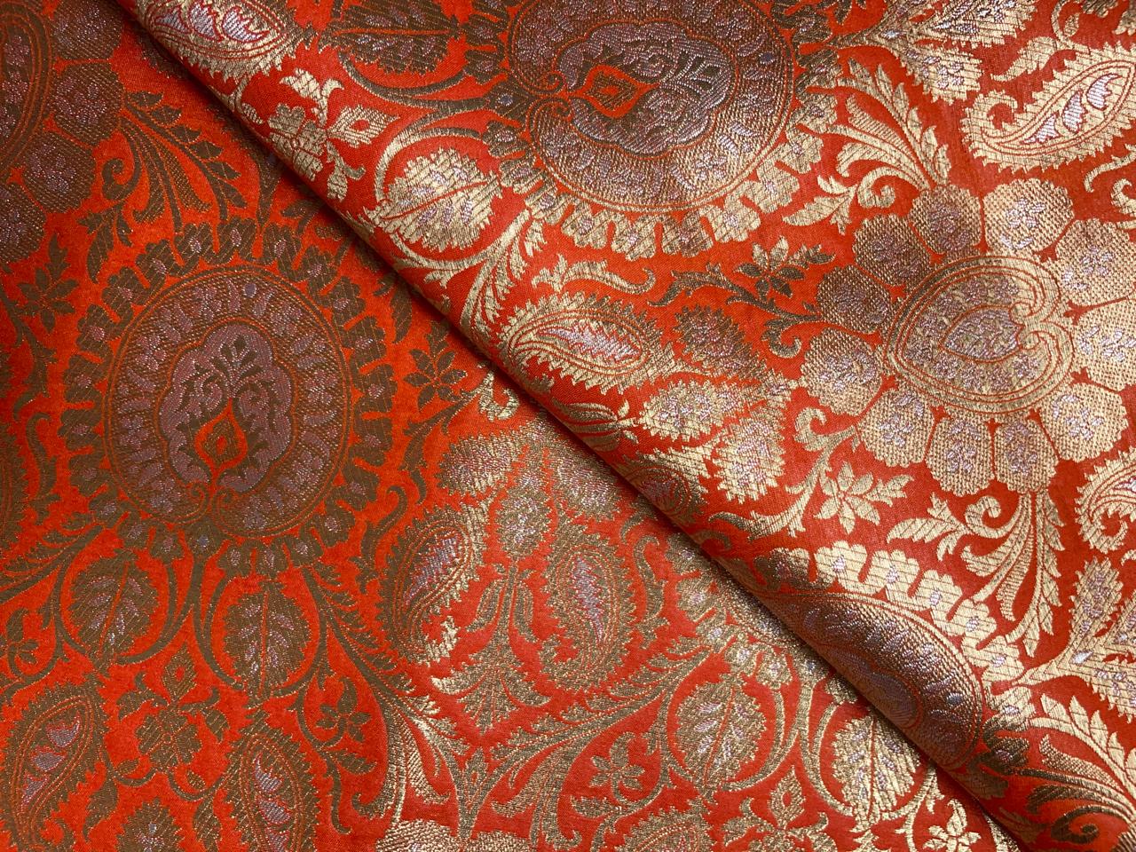 Orange & Gold Floral Banarasi Semi Brocade Fabric KTEX