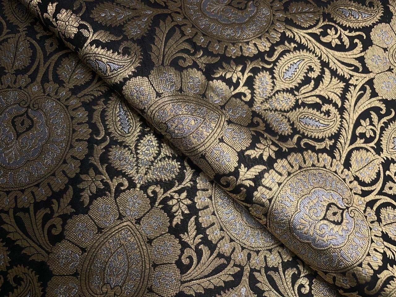 Black & Gold Floral Banarasi Semi Brocade Fabric KTEX